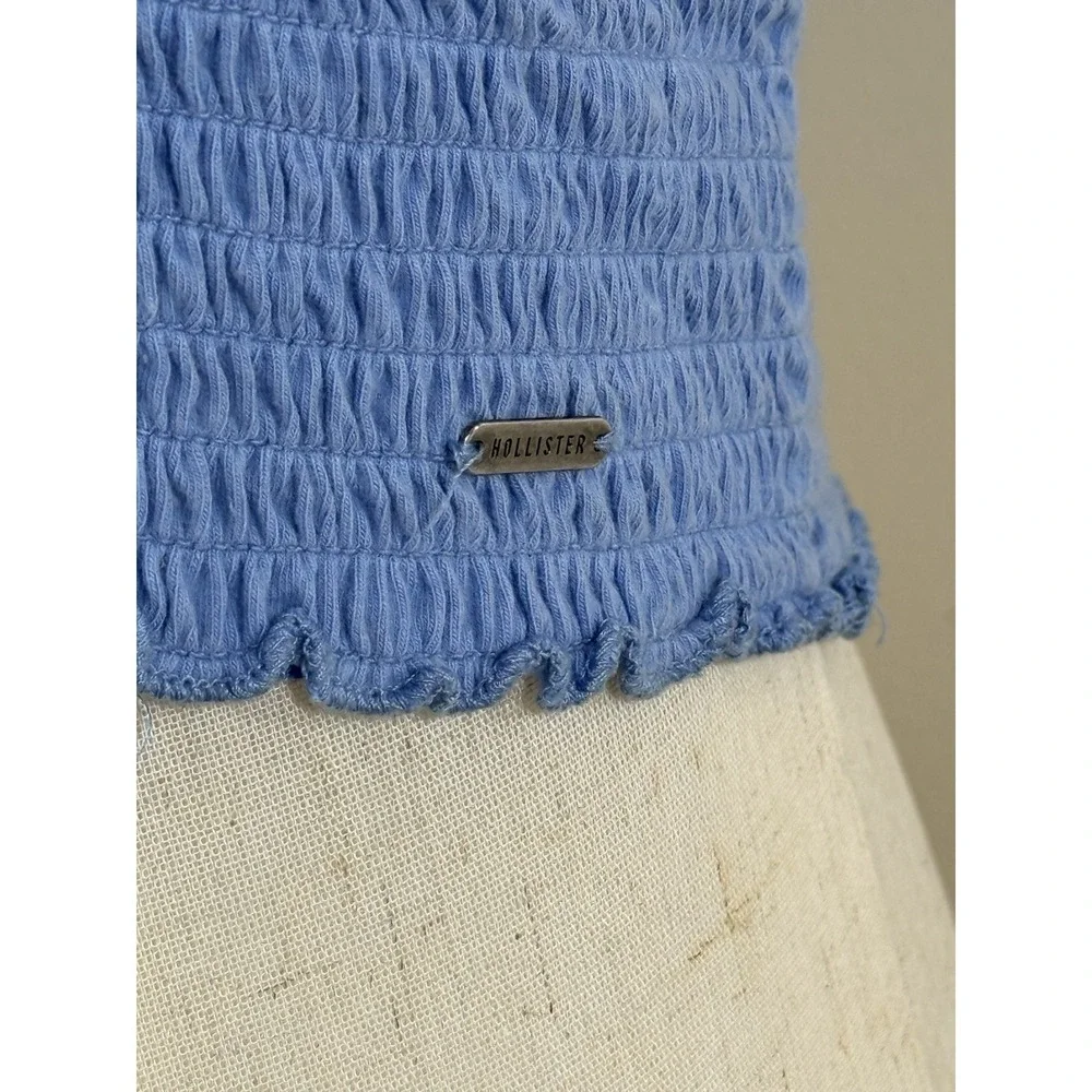 Hollister Smocked Crop Top Women L Blue Tie Strap Coquette Cottagecore - Picture 4 of 8